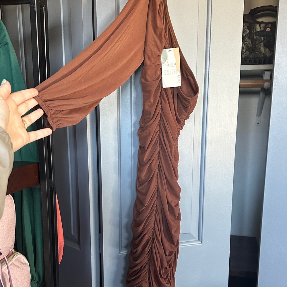 Ruched Brown One Shoulder Long Sleeve Dress